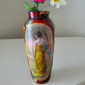 Vintage Enamel Blood Red Floral Vase with Lady
